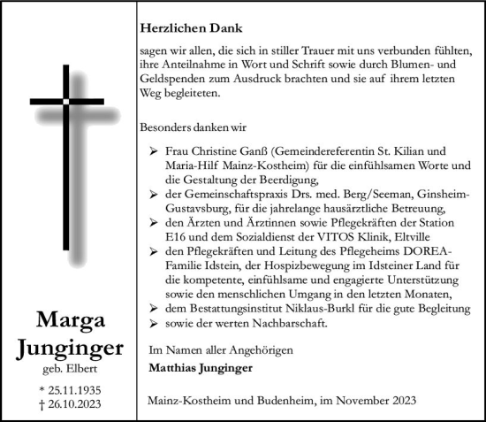 Traueranzeige von Marga Junginger von Allgemeine Zeitung Mainz