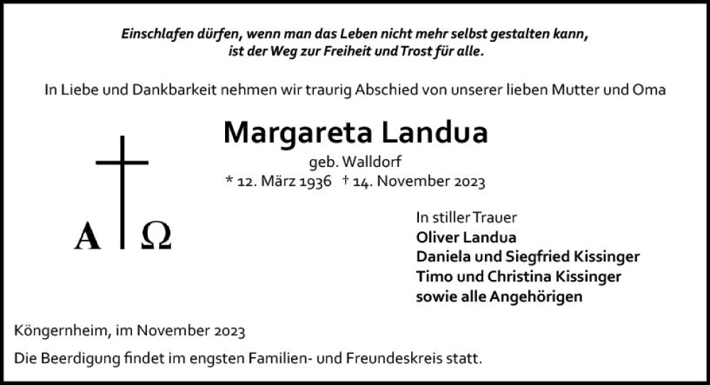  Traueranzeige für Margareta Landua vom 18.11.2023 aus Allgemeine Zeitung Mainz