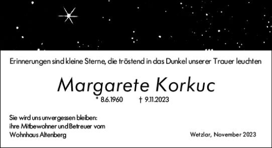 Traueranzeige von Margarete Korkuc von Wetzlarer Neue Zeitung