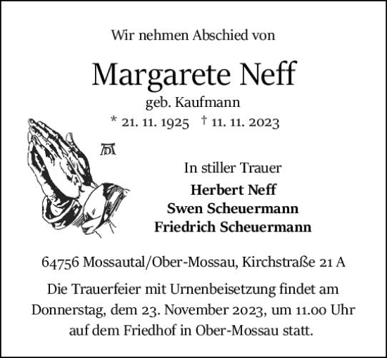 Traueranzeige von Margarete Neff von Odenwälder Echo