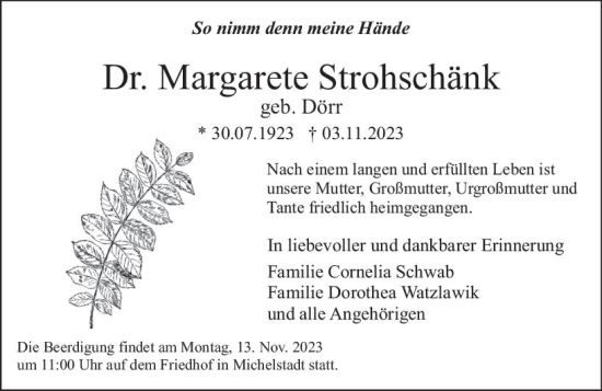 Traueranzeige von Margarete Strohschänk von Odenwälder Echo