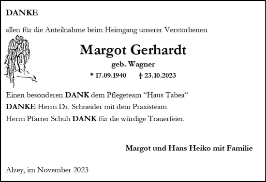 Traueranzeige von Margot Gerhardt von Allgemeine Zeitung Alzey