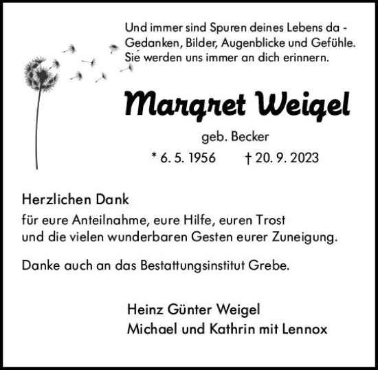 Traueranzeige von Margret Weigel von Hinterländer Anzeiger