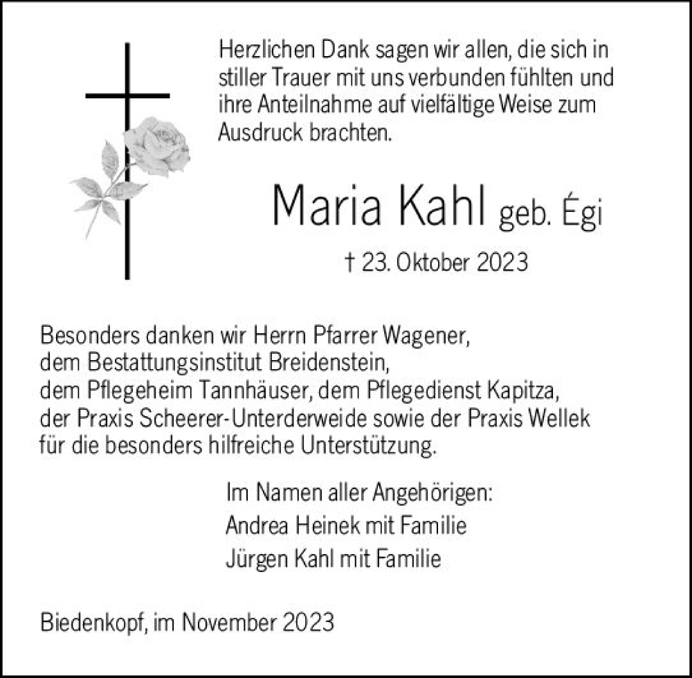  Traueranzeige für Maria Kahl vom 23.11.2023 aus Hinterländer Anzeiger