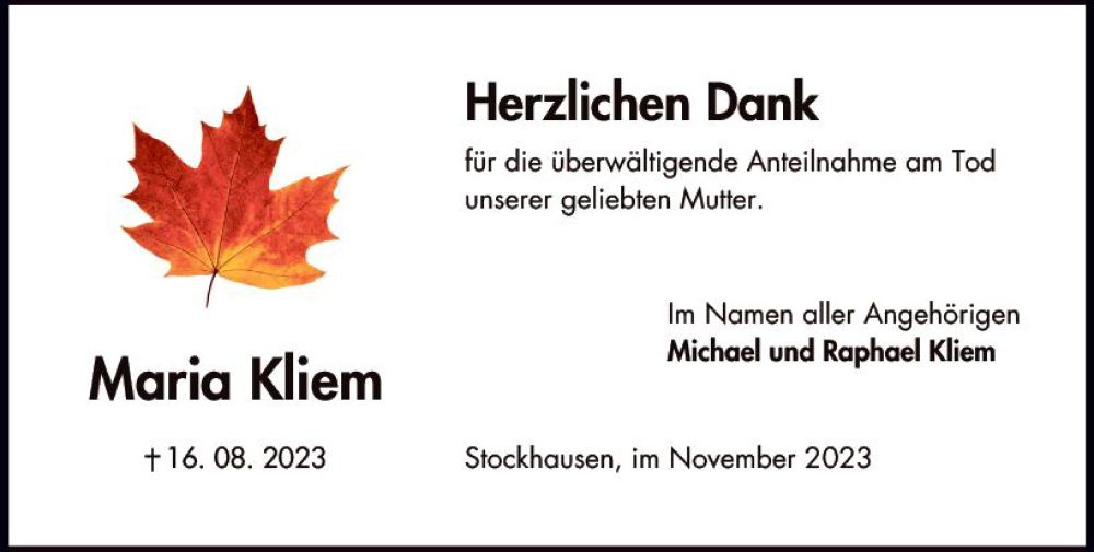  Traueranzeige für Maria Kliem vom 18.11.2023 aus Oberhessen Kurier