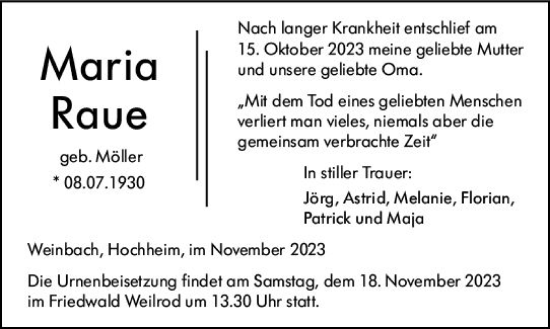 Traueranzeige von Maria Raue von Weilburger Tageblatt