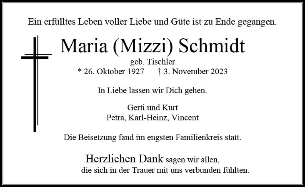  Traueranzeige für Maria  Schmidt vom 25.11.2023 aus Weilburger Tageblatt