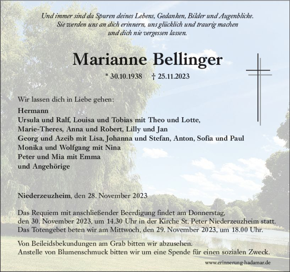  Traueranzeige für Marianne Bellinger vom 28.11.2023 aus Nassauische Neue Presse