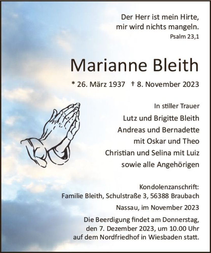  Traueranzeige für Marianne Bleith vom 25.11.2023 aus Wiesbadener Kurier