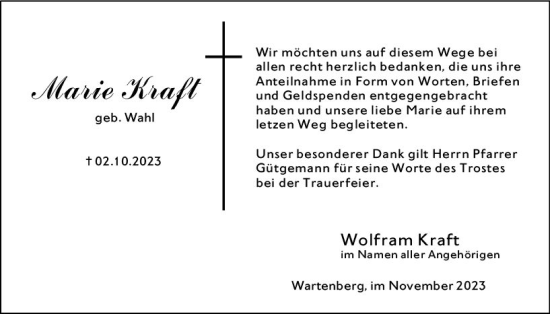 Traueranzeige von Marie Kraft von VRM Trauer