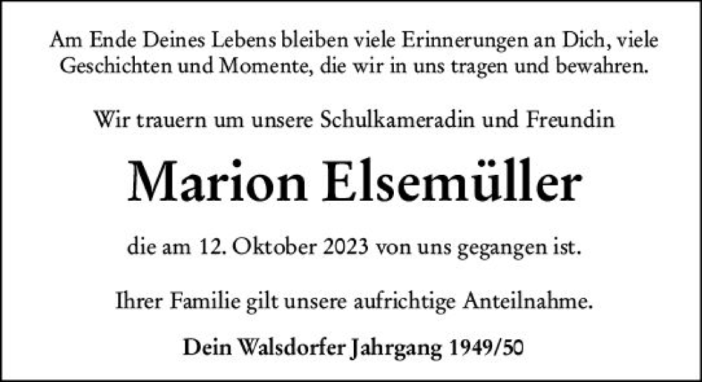  Traueranzeige für Marion Elsemüller vom 09.11.2023 aus Camberger Anzeiger