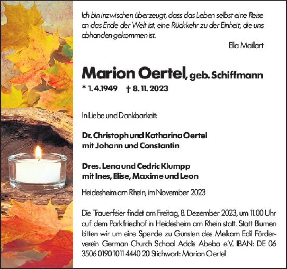  Traueranzeige für Marion Oertel vom 21.11.2023 aus Rüsselsheimer Echo