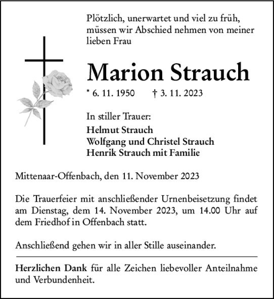  Traueranzeige für Marion Strauch vom 11.11.2023 aus Dill Block