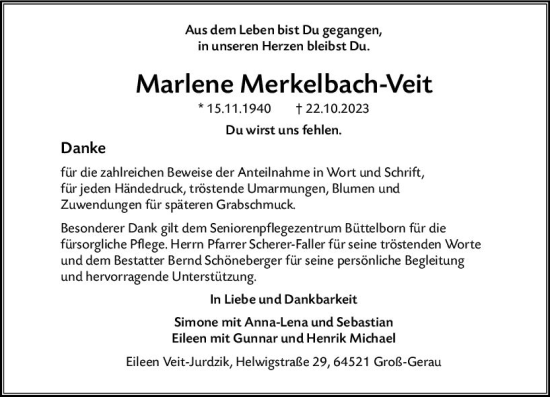 Traueranzeige von Marlene Merkelbach-Veit von Groß-Gerauer Echo