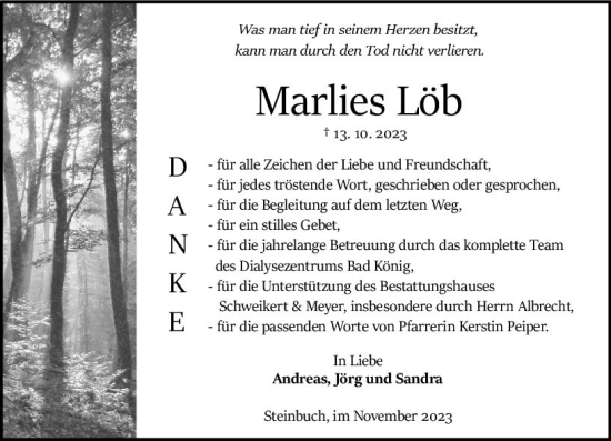 Traueranzeige von Marlies Löb von Odenwälder Echo