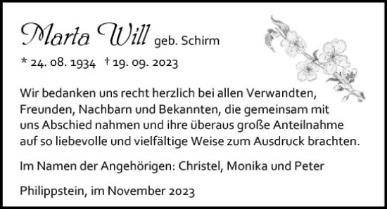 Traueranzeige von Marta Will von Wetzlarer Neue Zeitung