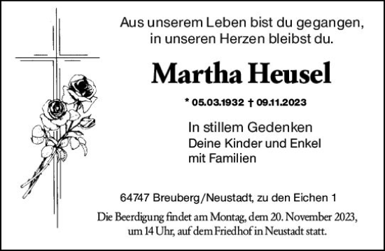Traueranzeige von Martha Heusel von Odenwälder Echo