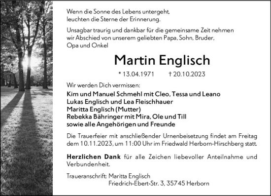 Traueranzeige von Martin Englisch von Dill Block