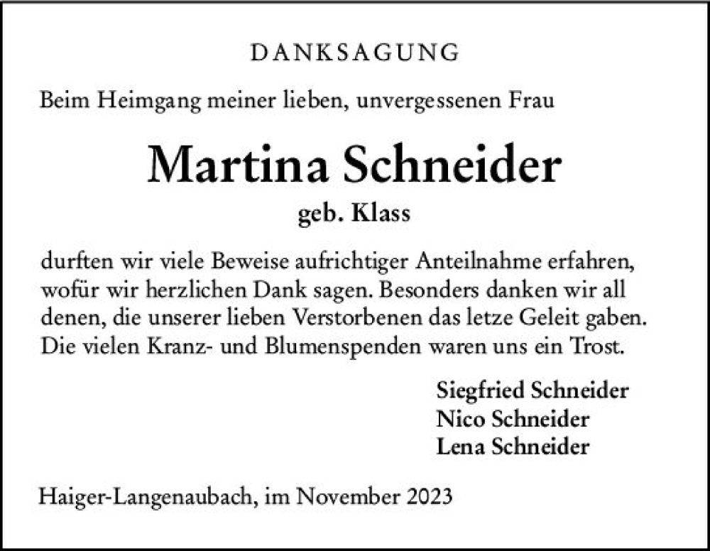  Traueranzeige für Martina Schneider vom 21.11.2023 aus Dill Block