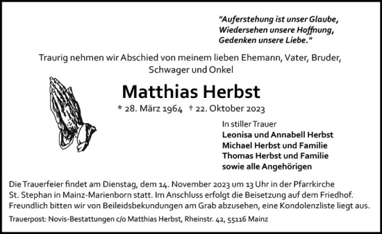 Traueranzeige von Matthias Herbst von Allgemeine Zeitung Mainz