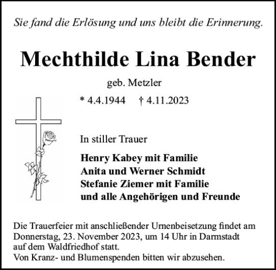Traueranzeige von Mechthilde Lina Bender von Darmstädter Echo