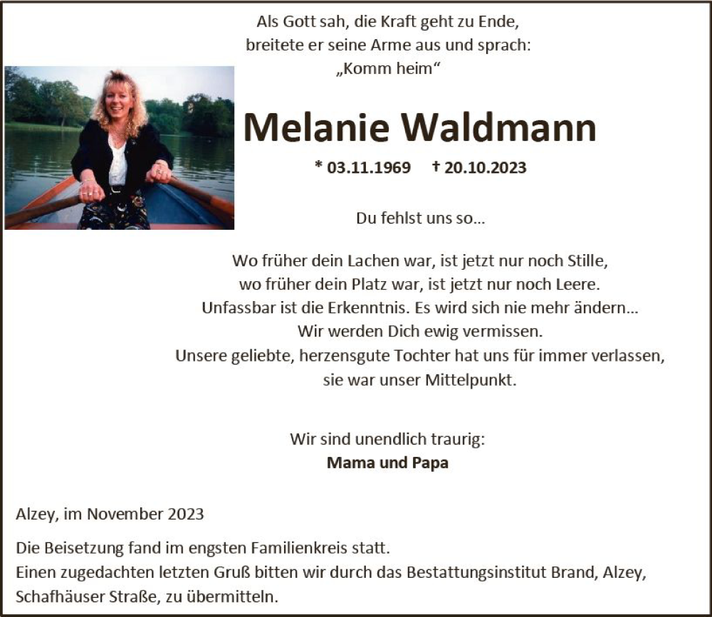  Traueranzeige für Melanie Waldmann vom 18.11.2023 aus Allgemeine Zeitung Mainz