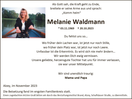 Traueranzeige von Melanie Waldmann von Allgemeine Zeitung Alzey