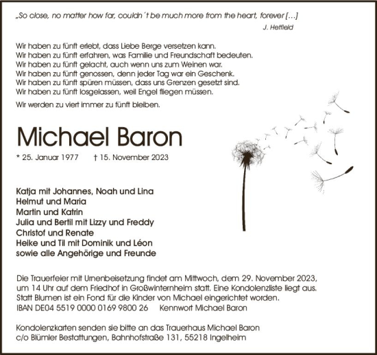 Traueranzeige von Michael Baron von Allgemeine Zeitung Bingen/Ingelheim