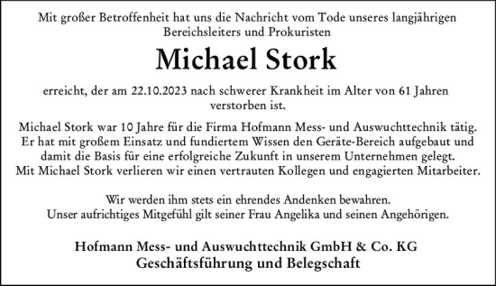 Traueranzeige von Michael Stork von Darmstädter Echo