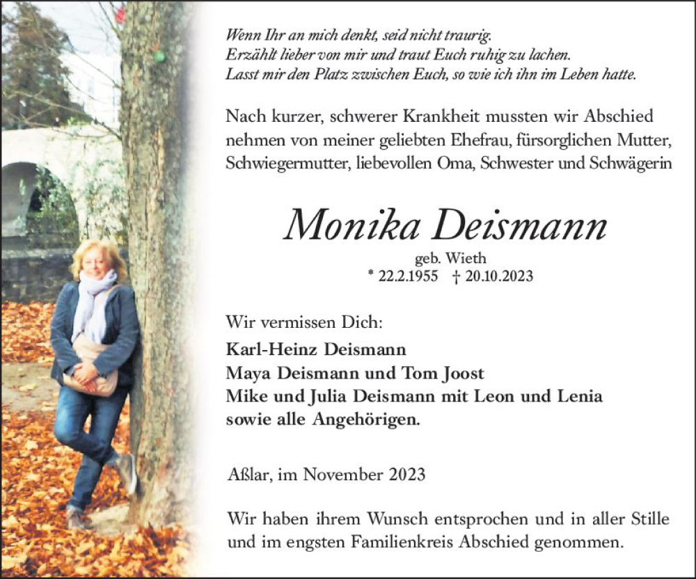  Traueranzeige für Monika Deismann vom 11.11.2023 aus Wetzlarer Neue Zeitung