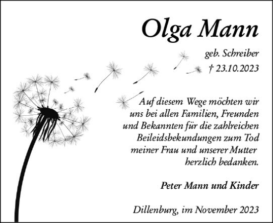 Traueranzeige von Olga Mann von Dill Block