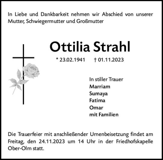 Traueranzeige von Ottilia Strahl von Allgemeine Zeitung Mainz