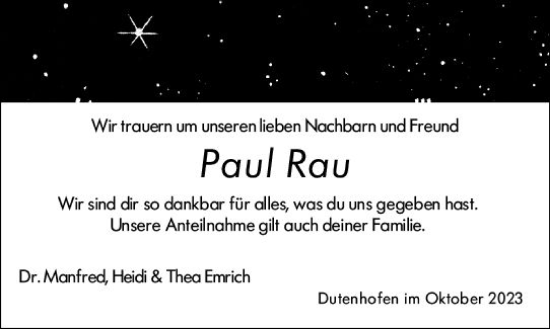 Traueranzeige von Paul Rau von Wetzlarer Neue Zeitung