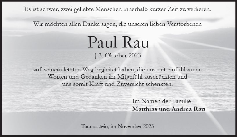  Traueranzeige für Paul Rau vom 04.11.2023 aus Wiesbadener Kurier