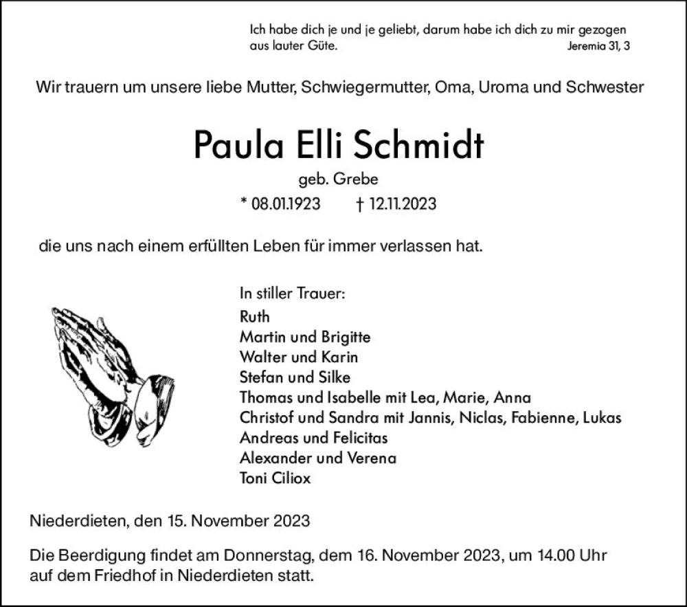  Traueranzeige für Paula Elli Schmidt vom 15.11.2023 aus Hinterländer Anzeiger