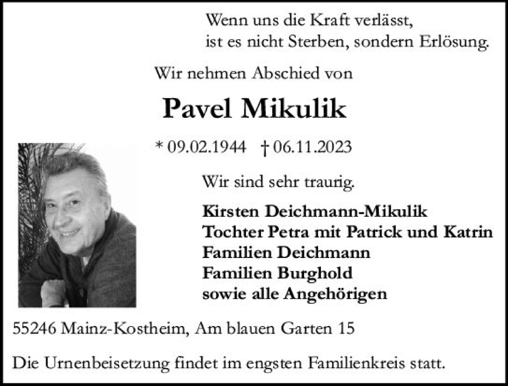  Traueranzeige für Pavel Mikulik vom 18.11.2023 aus Allgemeine Zeitung Mainz