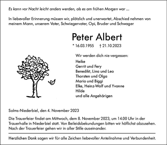 Traueranzeige von Peter Albert von Wetzlarer Neue Zeitung