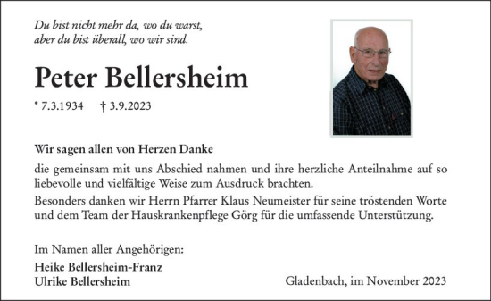 Traueranzeige von Peter Bellersheim von Hinterländer Anzeiger
