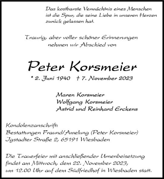 Traueranzeige von Peter Korsmeier von Wiesbadener Kurier