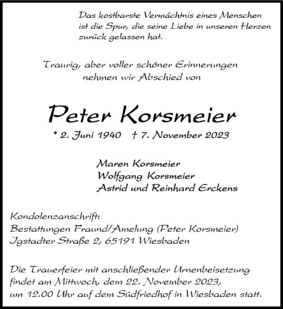  Traueranzeige für Peter Korsmeier vom 18.11.2023 aus Wiesbadener Kurier