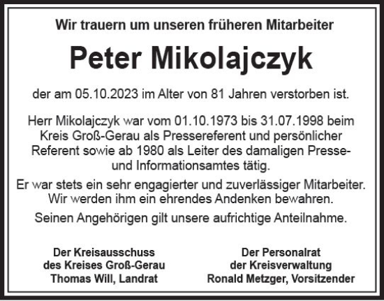 Traueranzeige von Peter Mikolajczyk von Groß-Gerauer Echo