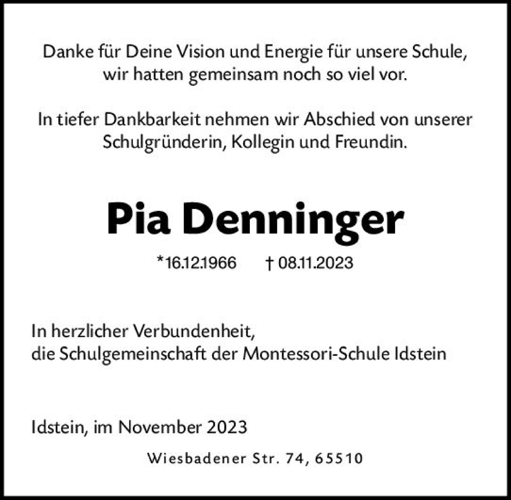  Traueranzeige für Pia Denninger vom 18.11.2023 aus Wiesbadener Kurier