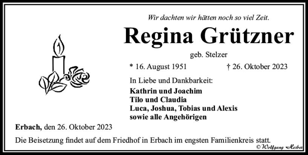  Traueranzeige für Regina Grützner vom 09.11.2023 aus Camberger Anzeiger