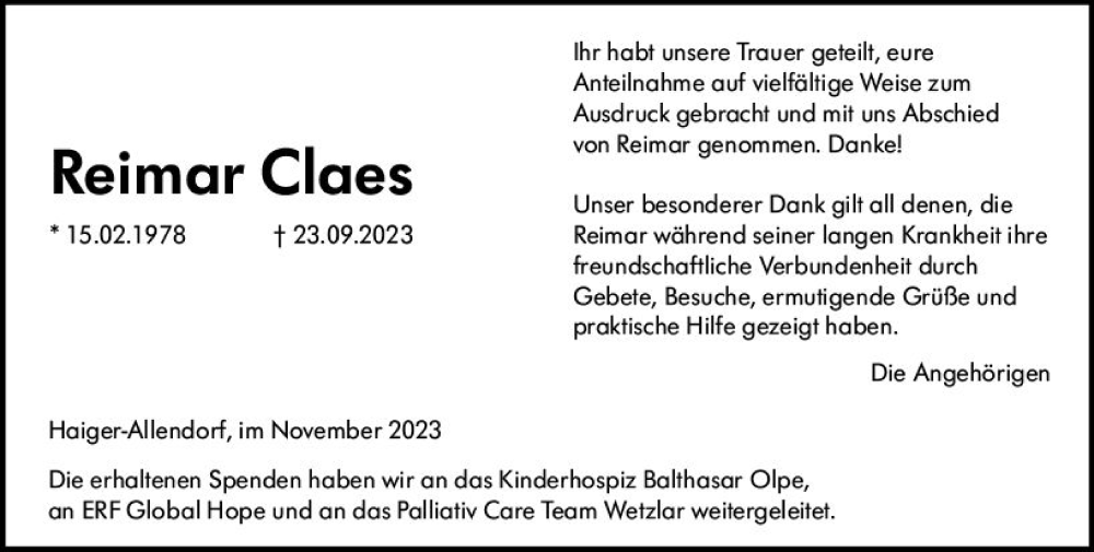  Traueranzeige für Reimar Claes vom 04.11.2023 aus Dill Block