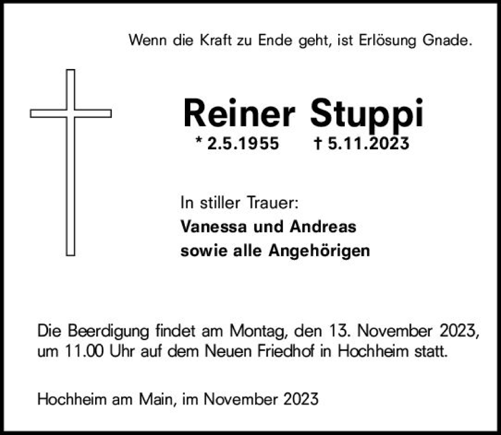  Traueranzeige für Reiner Stuppi vom 10.11.2023 aus Hochheimer Zeitung