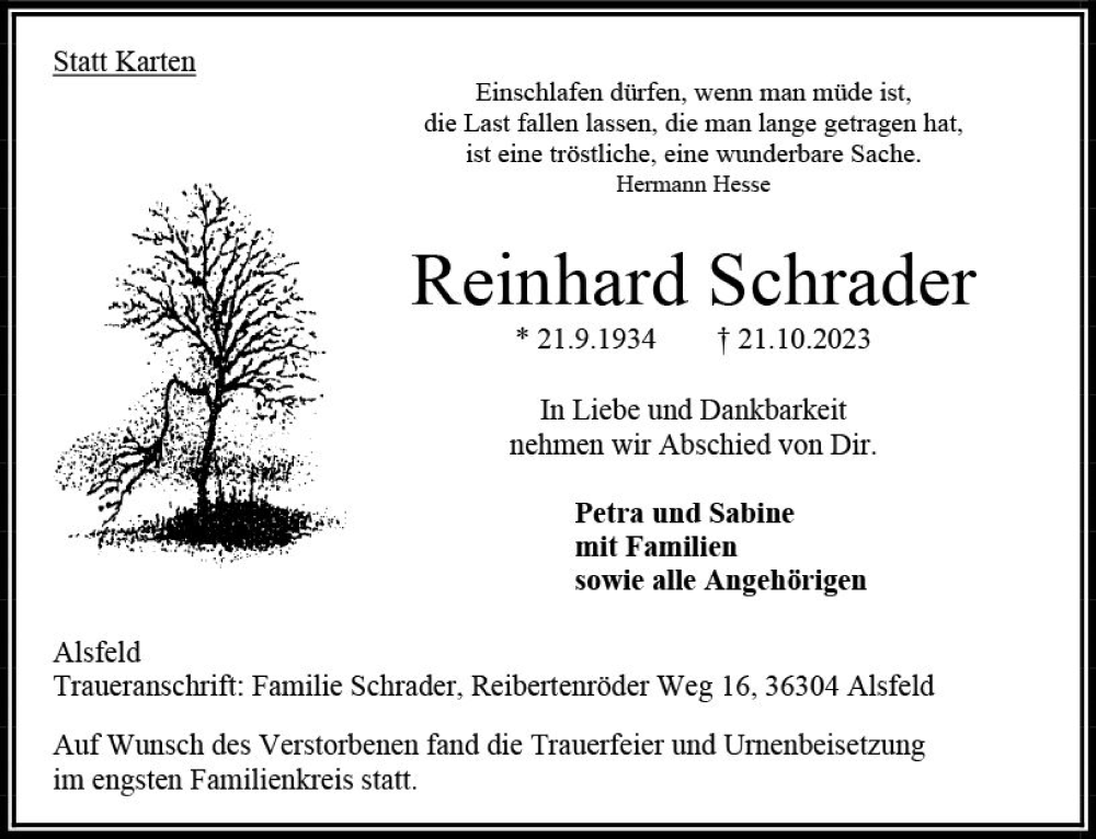  Traueranzeige für Reinhard Schrader vom 04.11.2023 aus Oberhessen Kurier