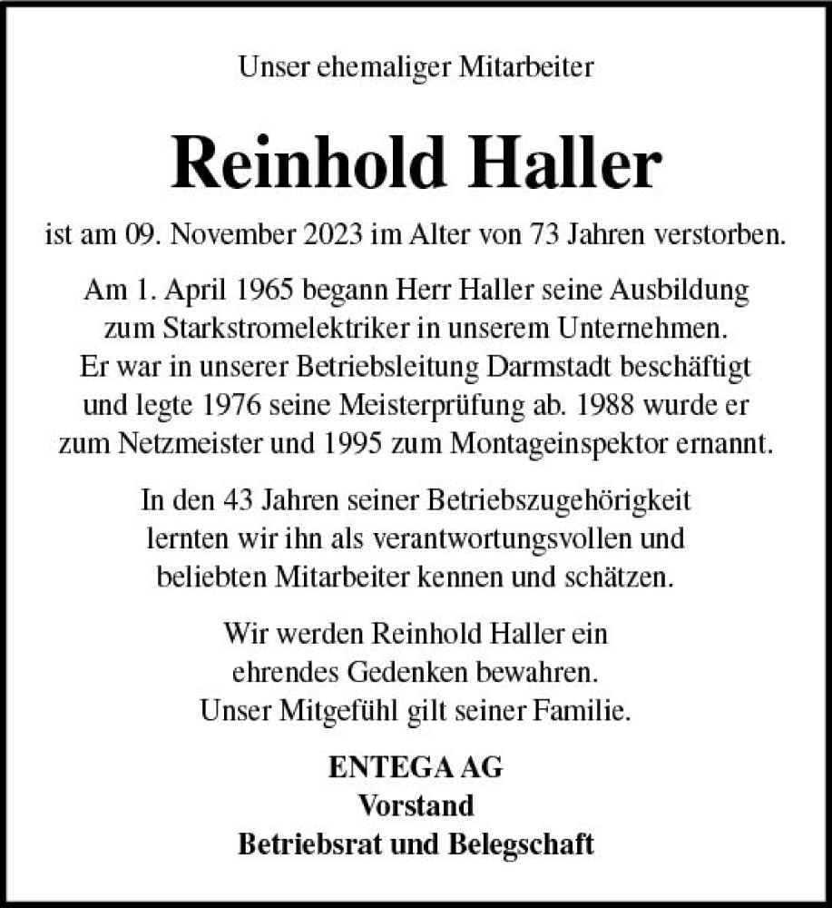  Traueranzeige für Reinhold Haller vom 25.11.2023 aus Odenwälder Echo