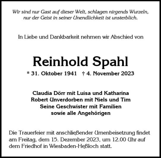 Traueranzeige von Reinhold Spahl von Wiesbadener Kurier