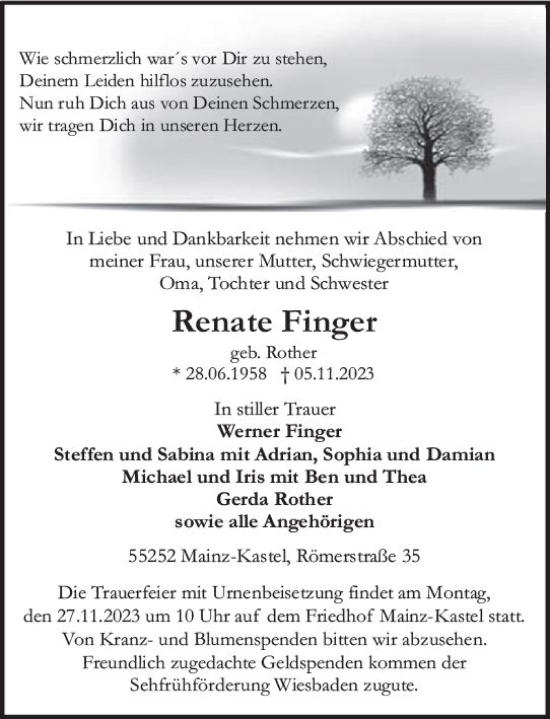 Traueranzeige von Renate Finger von Allgemeine Zeitung Mainz