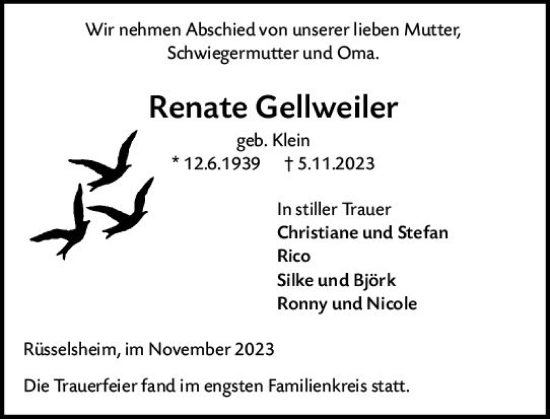 Traueranzeige von Renate Gellweiler von Rüsselsheimer Echo